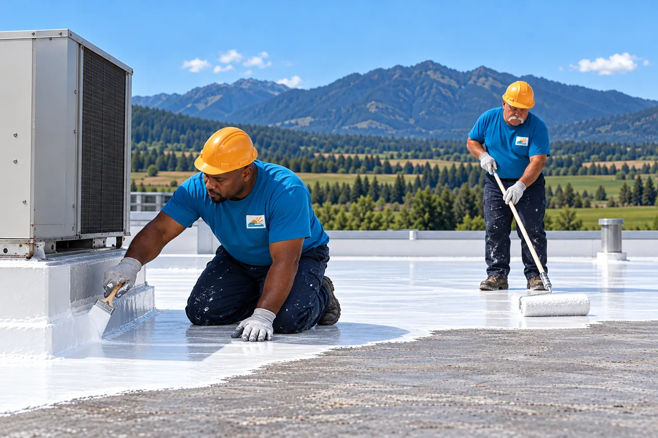 Roofer brushing acrylic coating around an HVAC curb while another rolls the field