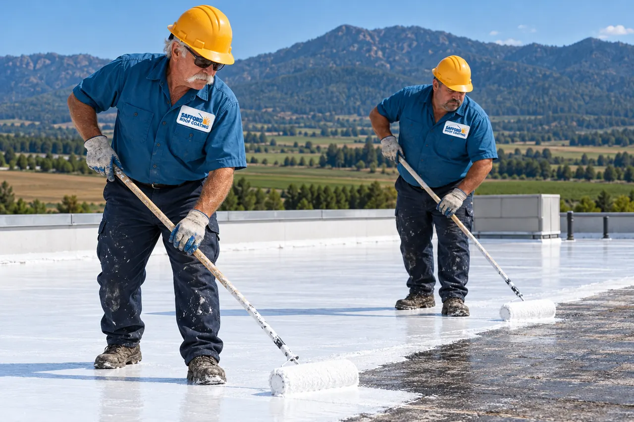 Two roofers back-rolling white coating across a low-slope commercial roof